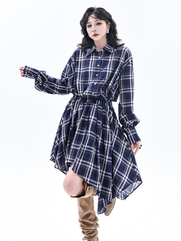 Elasticity Plaid High-Low Irregularity Lapel Collar Midi Dresses