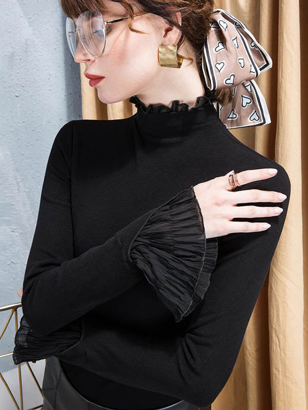 Pleated Ruffled Solid Color Flared Sleeves Long Sleeves High Neck T-Shirts Tops
