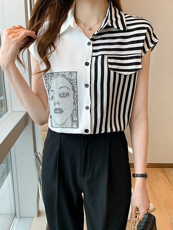 Asymmetric Figure Printed Cap Sleeve Loose Lapel Blouses&Shirts Tops