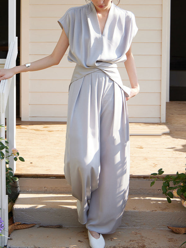 Knot Pleated Solid Color Split-Joint Loose Raglan Sleeve V-neck Blouses&shirts Tops