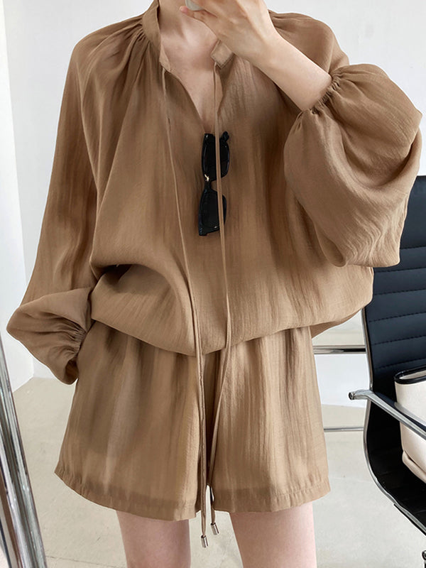 Casual Loose Solid Color Puff Sleeves Blouse&Wide Leg Shorts Two Pieces Set