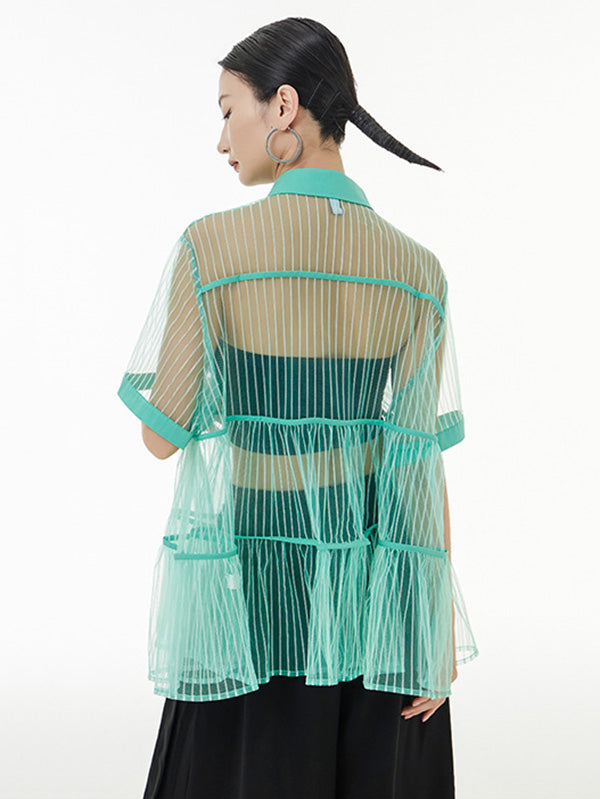 Original Short Sleeves Loose Buttoned Mesh Pleated Solid Color Blouses&Shirts Tops