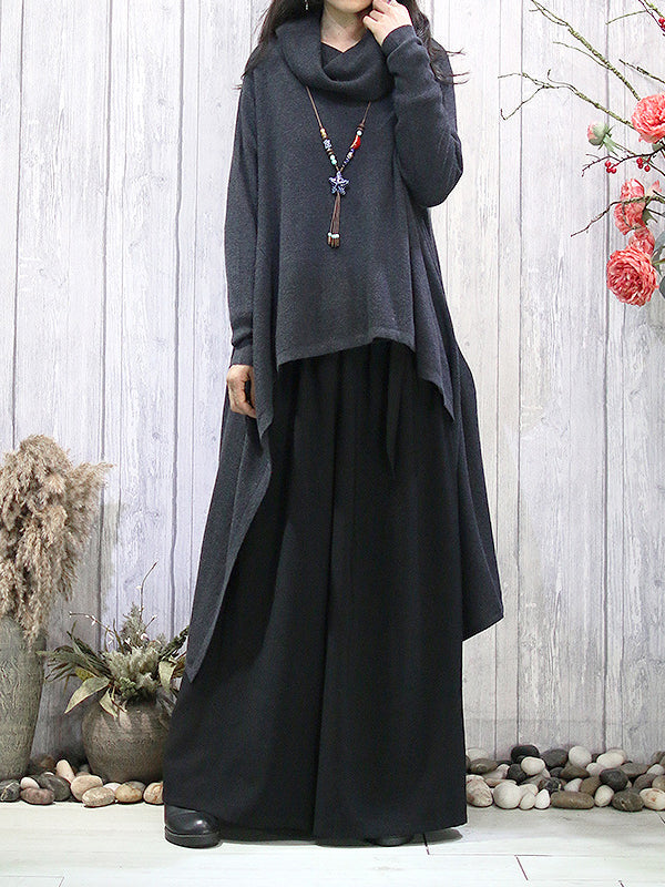 Solid Color Batwing Sleeves High-Low Heaps Collar Sweater Tops Pullovers
