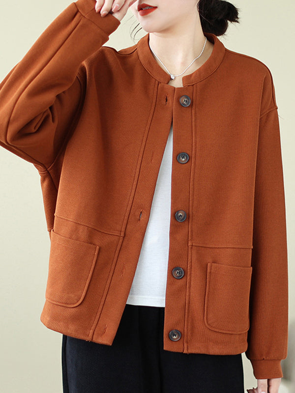 Buttoned Keep Warm Pockets Velvet Long Sleeves Loose Round-neck Outerwear