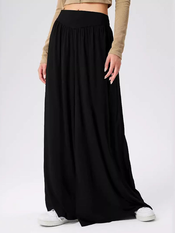 Pleated Pockets Solid Color Split-Joint High Waisted Loose Trousers Pants