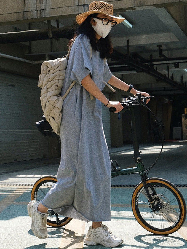 Casual Short Sleeves Solid Color Round-Neck Maxi Dress