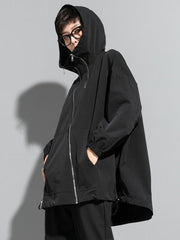 Irregularity Loose Solid Color Zipper Hooded Outerwear