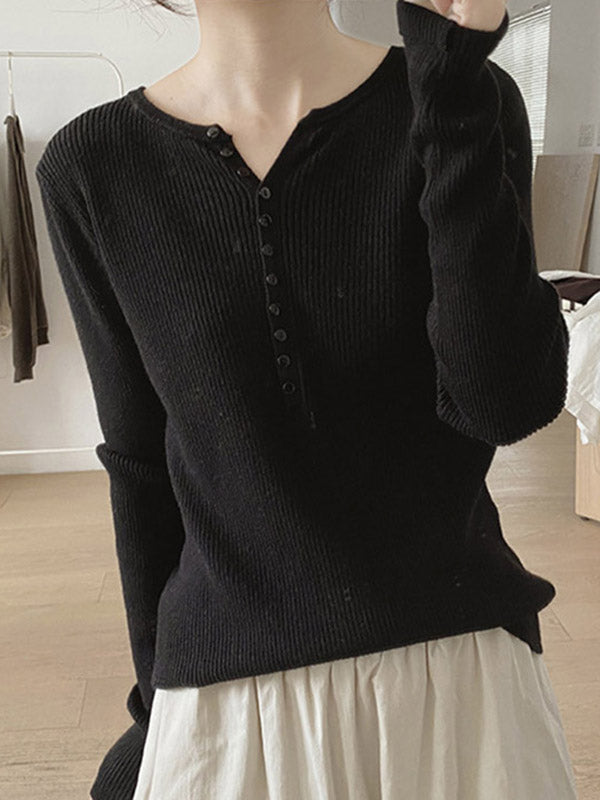 Buttoned Solid Color Long Sleeves Round-Neck Sweater Tops Pullovers