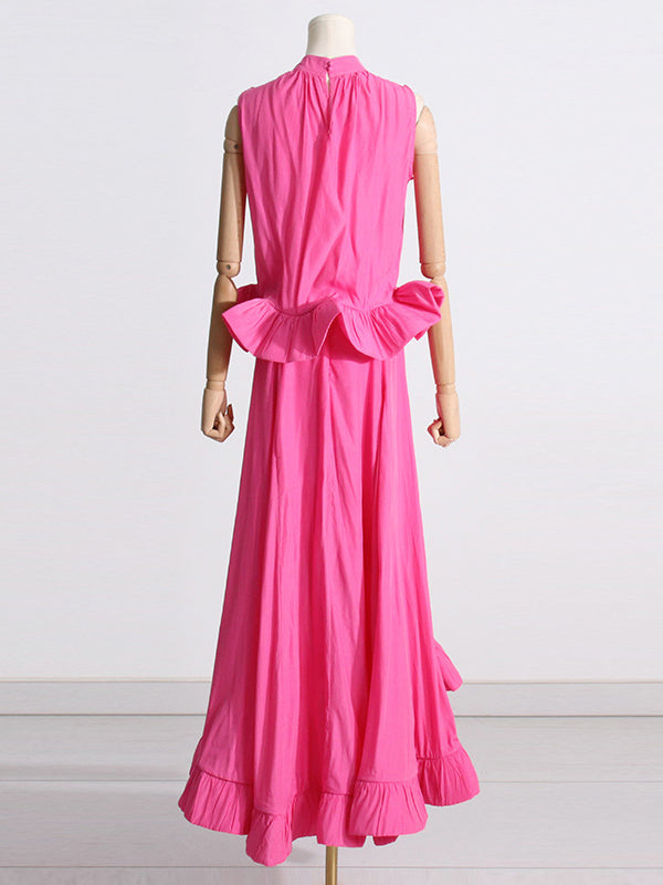 Pleated Ruffled Solid Color High Waisted High-Low Mock Neck Two Pieces Set