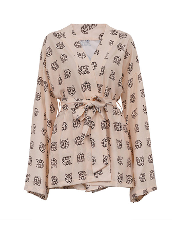 Loose  Printed  Long Sleeves Tied Waist Robes + High-Waisted Short Bottom Robes Pajama Sets