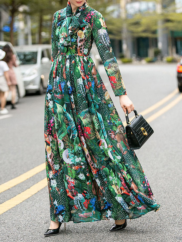 Bowknot Elasticity Flower Print Zipper High Waisted Long Sleeves Round-neck Maxi Dresses