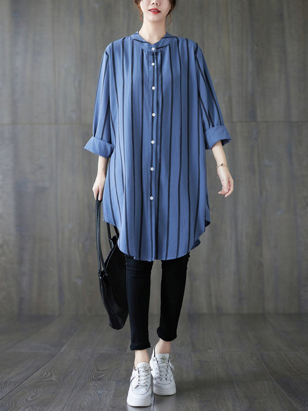 Buttoned Striped Long Sleeves Loose Blouses&Shirts Tops