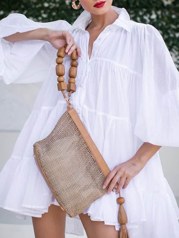 Pleated See-Through Solid Color Split-Joint Loose Puff Sleeves Lapel Shirt Dress Mini Dresses
