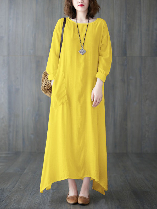 Casual Long Sleeves Loose Solid Color Round-Neck Maxi Dresses