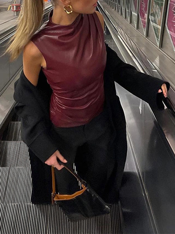 Asymmetric Pleated Solid Color Skinny Sleeveless Mock Neck Vest Top