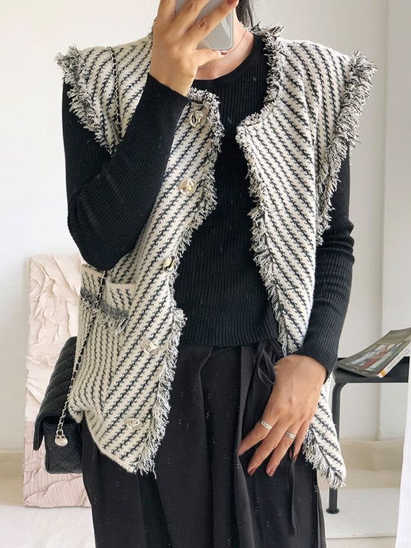 Buttoned Fringed Pockets Striped Loose Sleeveless V-Neck Vest Outerwear