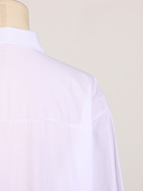 See-Through Solid Color Split-Joint Split-Side Long Sleeves Loose Lapel Shirt Dress Maxi Dresses