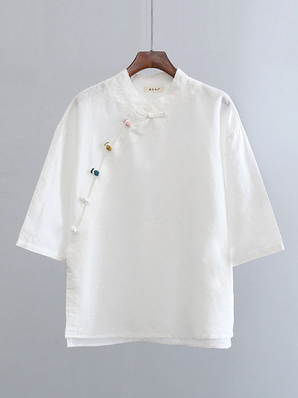Artistic Retro Loose Half Sleeves Buttoned Contrast Color Stand Collar Blouses&Shirts Tops