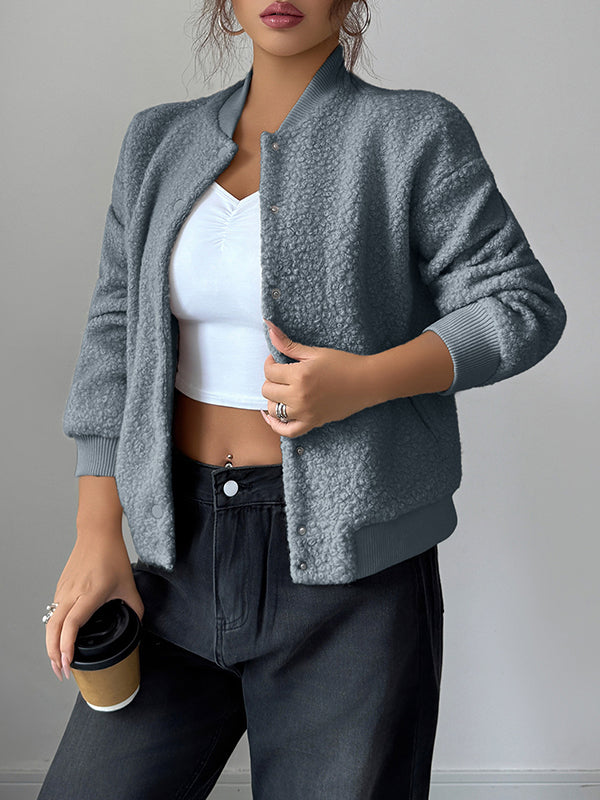 Buttoned Elasticity Pockets Solid Color Long Sleeves Collarless Jackets&Coats