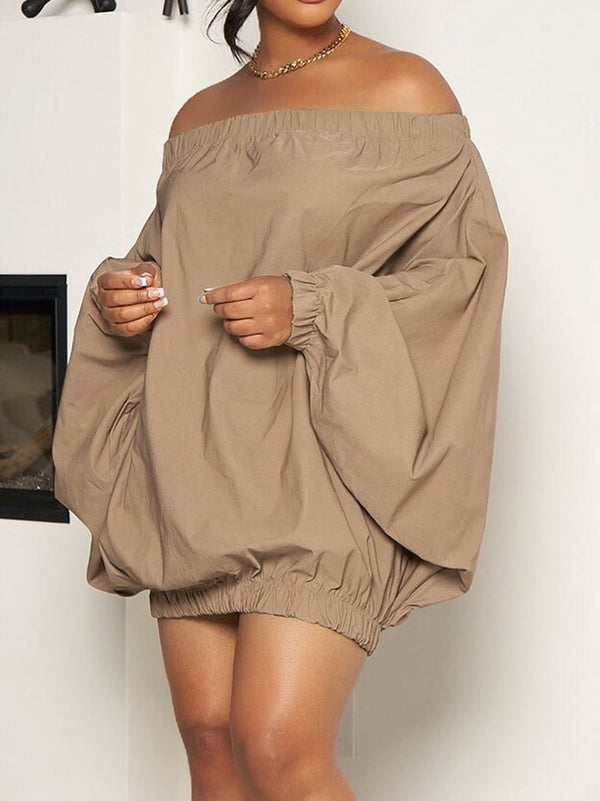 Long Sleeves Loose Elasticity Solid Color Off-The-Shoulder Mini Dresses