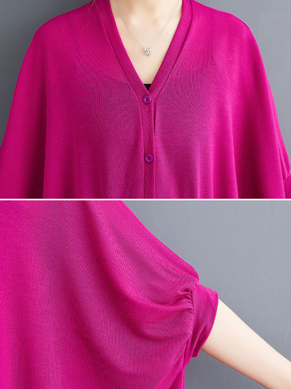 Drawstring Solid Color Half Sleeves Irregular Clipping V-Neck Outerwear