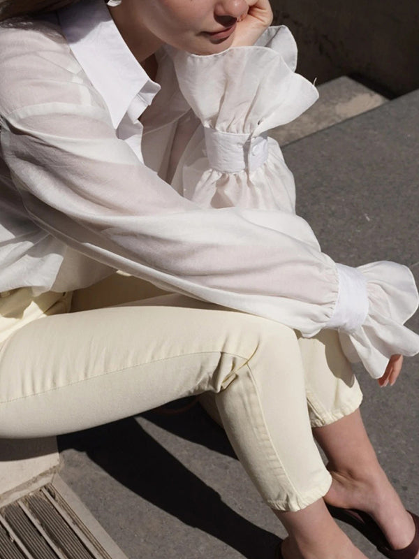 Pleated Solid Color Split-Joint Loose Puff Sleeves Lapel Blouses&shirts Tops