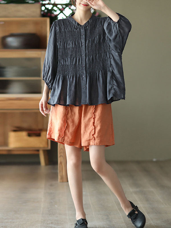 Pleated Solid Color Split-Joint Loose Three-Quarter Sleeves Stand Collar Blouses&Shirts Tops