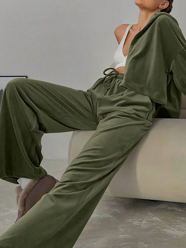 Hooded Velvet Zipper Long Sleeves Solid Color Sweatshirt Top + Drawstring Elasticity Pockets Pants Bottom Two Pieces Set