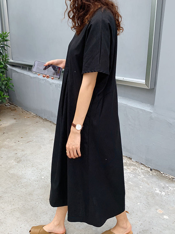 Loose Solid Color V-Neck Pleated With Pockets Midi Dresses