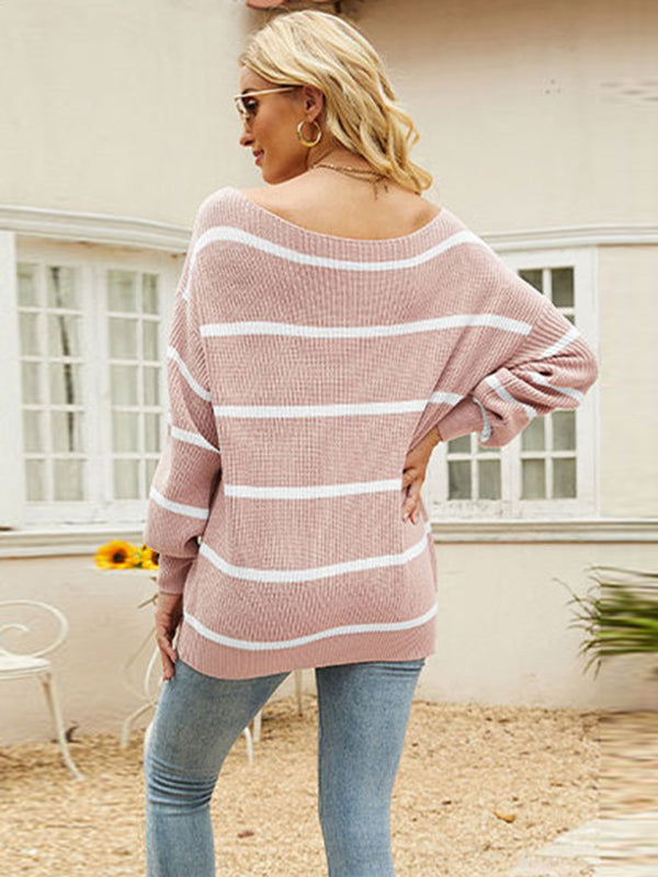 Long Sleeves Striped Off-The-Shoulder Sweater Tops