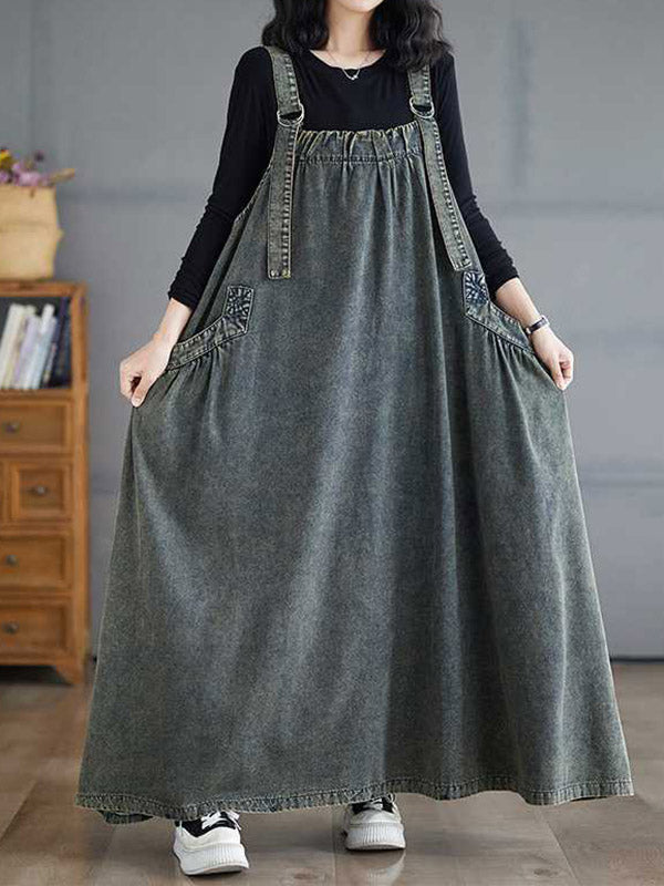 Pleated Pockets Solid Color Split-Joint A-Line Loose Spaghetti-Neck Suspender Dress