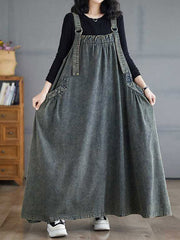 Pleated Pockets Solid Color Split-Joint A-Line Loose Spaghetti-Neck Suspender Dress