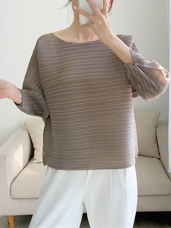 Casual Loose Three-Quarter Sleeves Pleated Solid Color Round-Neck T-Shirts Tops
