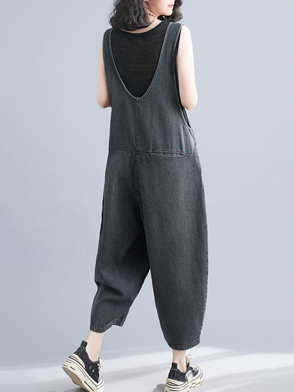 Buttoned Cropped Loose Denim Overalls