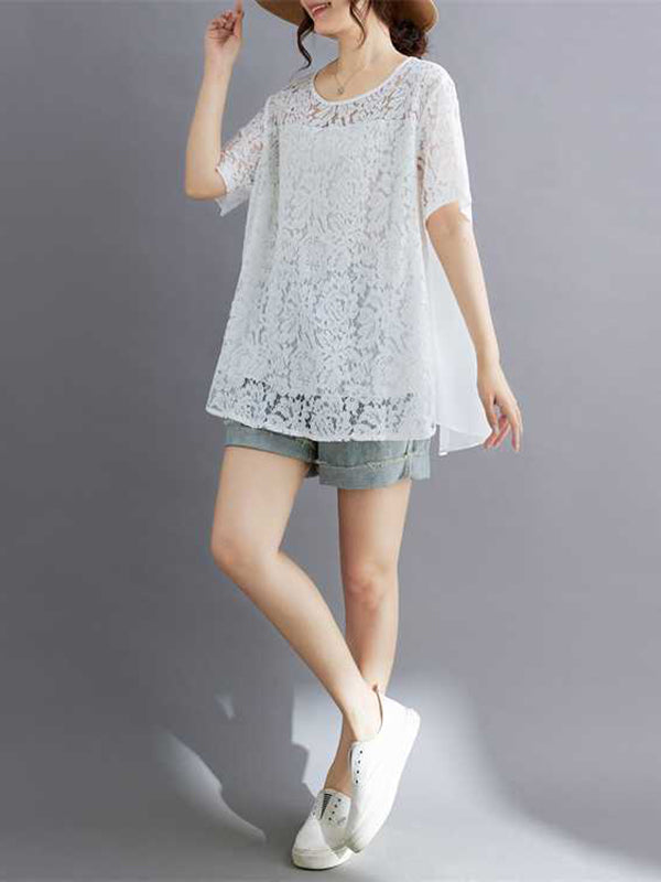 Hollow Solid Color Split-Back Split-Joint Loose Plus Size Round-Neck T-Shirts Tops