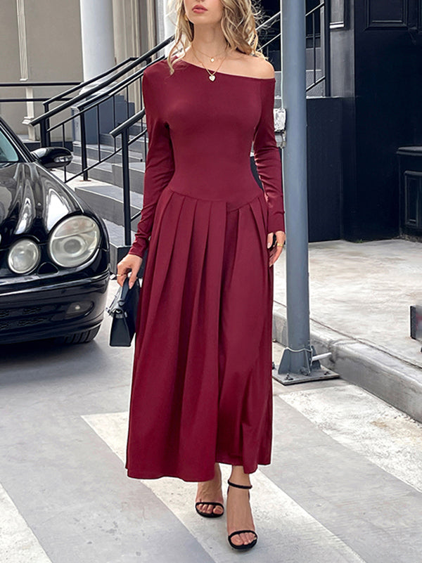 Pleated Solid Color Split-Front High Waisted Long Sleeves One-Shoulder Maxi Dresses
