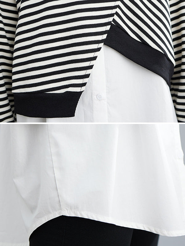 Original Long Sleeves False Two Striped Round-Neck Hoodies&Sweatshirt Tops