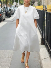 A-Line Loose Pleated Pockets Solid Color Round-Neck Midi Dresses