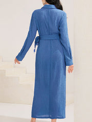 Asymmetric Solid Color Tied Long Sleeves Loose Lapel Maxi Dresses