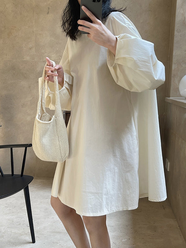Urban Puff Sleeves Solid Color Round-Neck Mini Dress