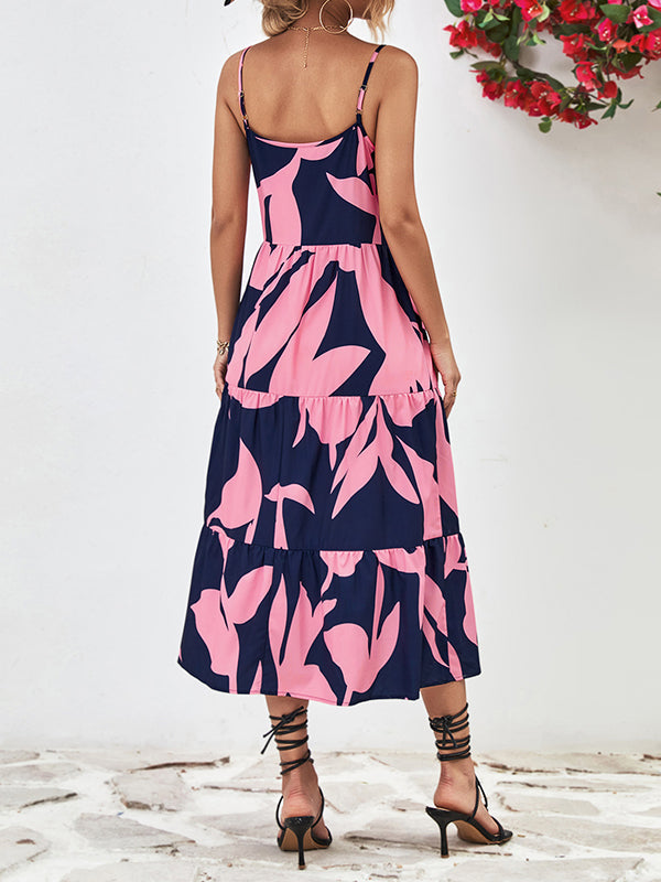 Contrast Color Floral Printed Loose Sleeveless Spaghetti-Neck Midi Dresses