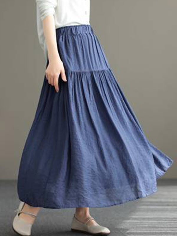 Casual Loose A-Line Pleated Elasticity Split-Joint Solid Color Skirts Bottoms
