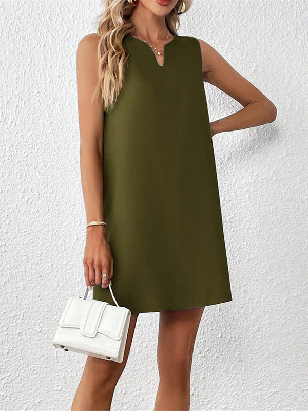 Solid Color A-Line High Waisted V-Neck Mini Dresses