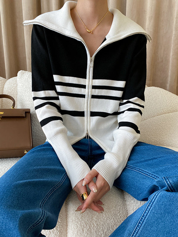 Contrast Color Striped Zipper Long Sleeves Loose Lapel Cardigan Tops