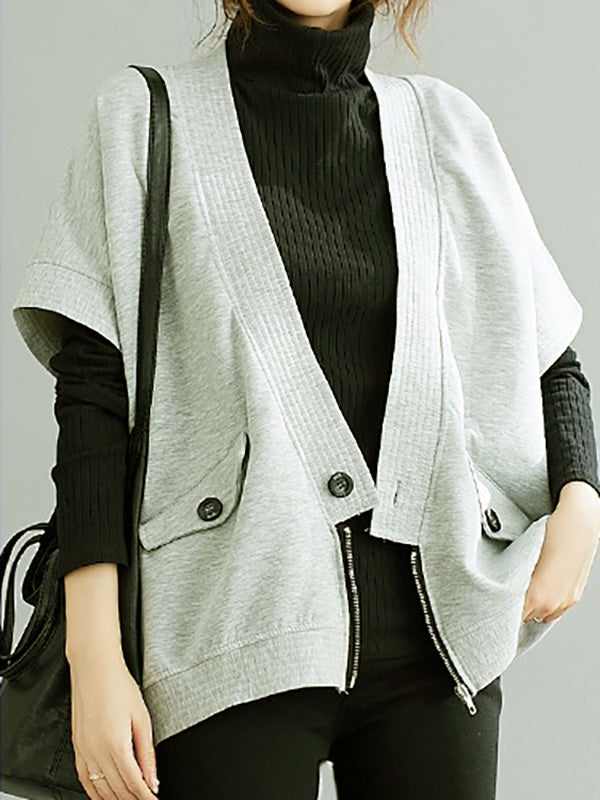Zipper Batwing Sleeves Half Sleeves V-Neck Vest Top