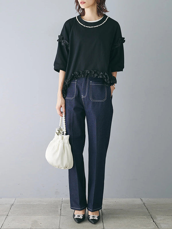 Beaded Ruffled Solid Color Half Sleeves Round-Neck T-Shirts Tops&Pants Two Pieces Set
