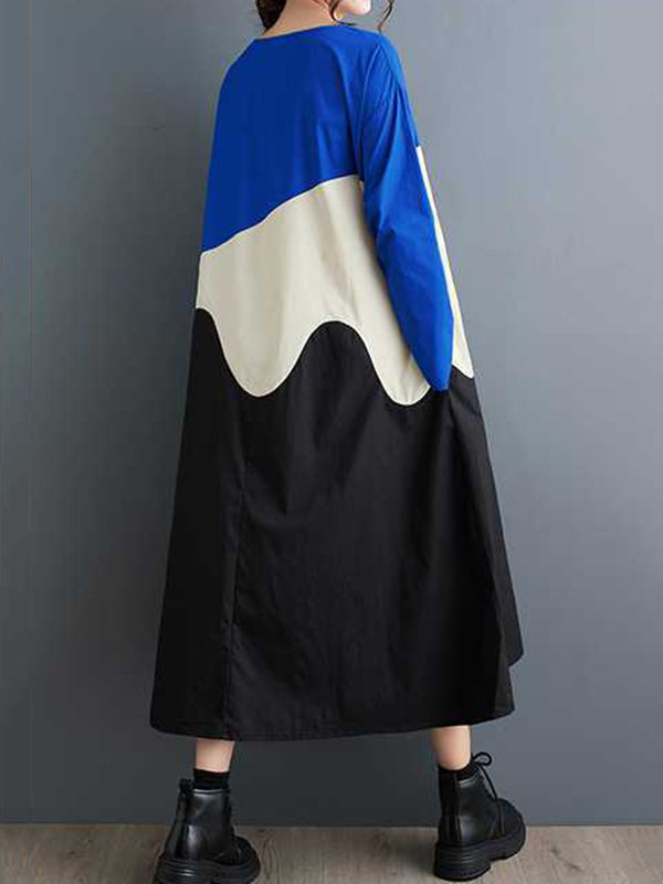 Contrast Color A-Line Long Sleeves Round-Neck Midi Dresses