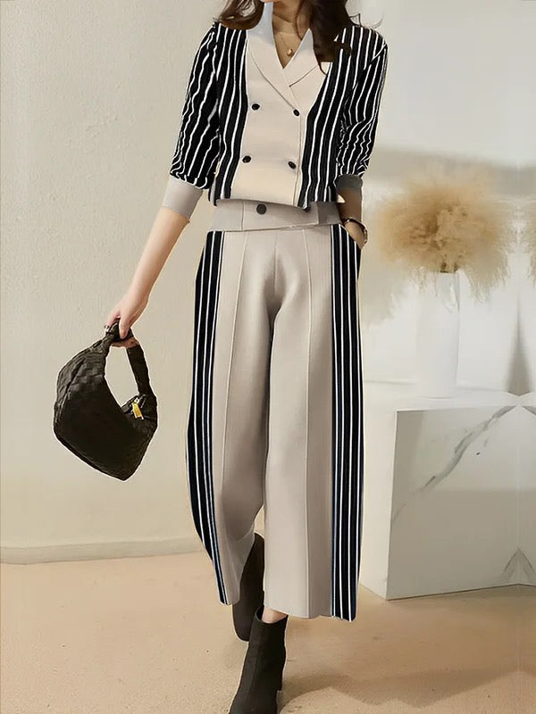 Buttoned Contrast Color Split-Joint Striped Long Sleeves Loose V-Neck Cardigan Tops