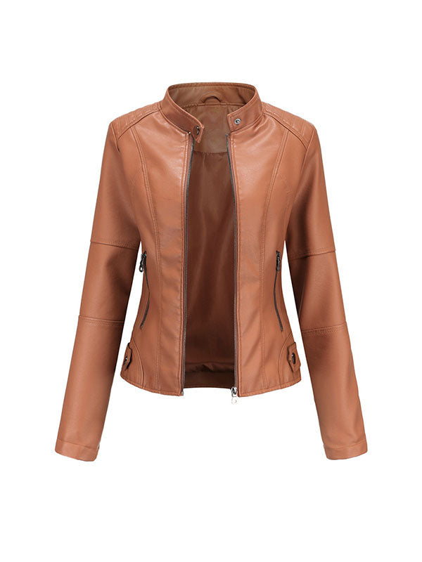 Buttoned Pockets Zipper Long Sleeves Plus Size Stand Collar Outerwear Jackets