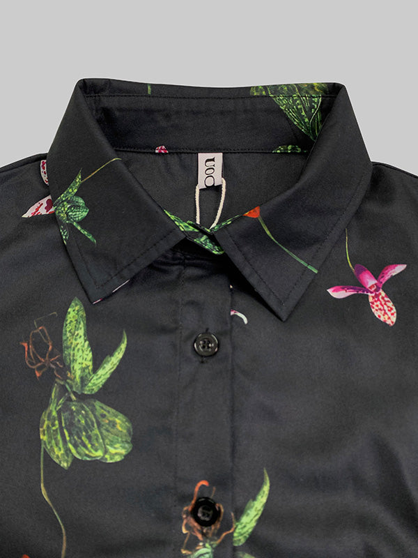 Asymmetric Flower Print Split-Joint Long Sleeves Loose Lapel Blouses&shirts Tops